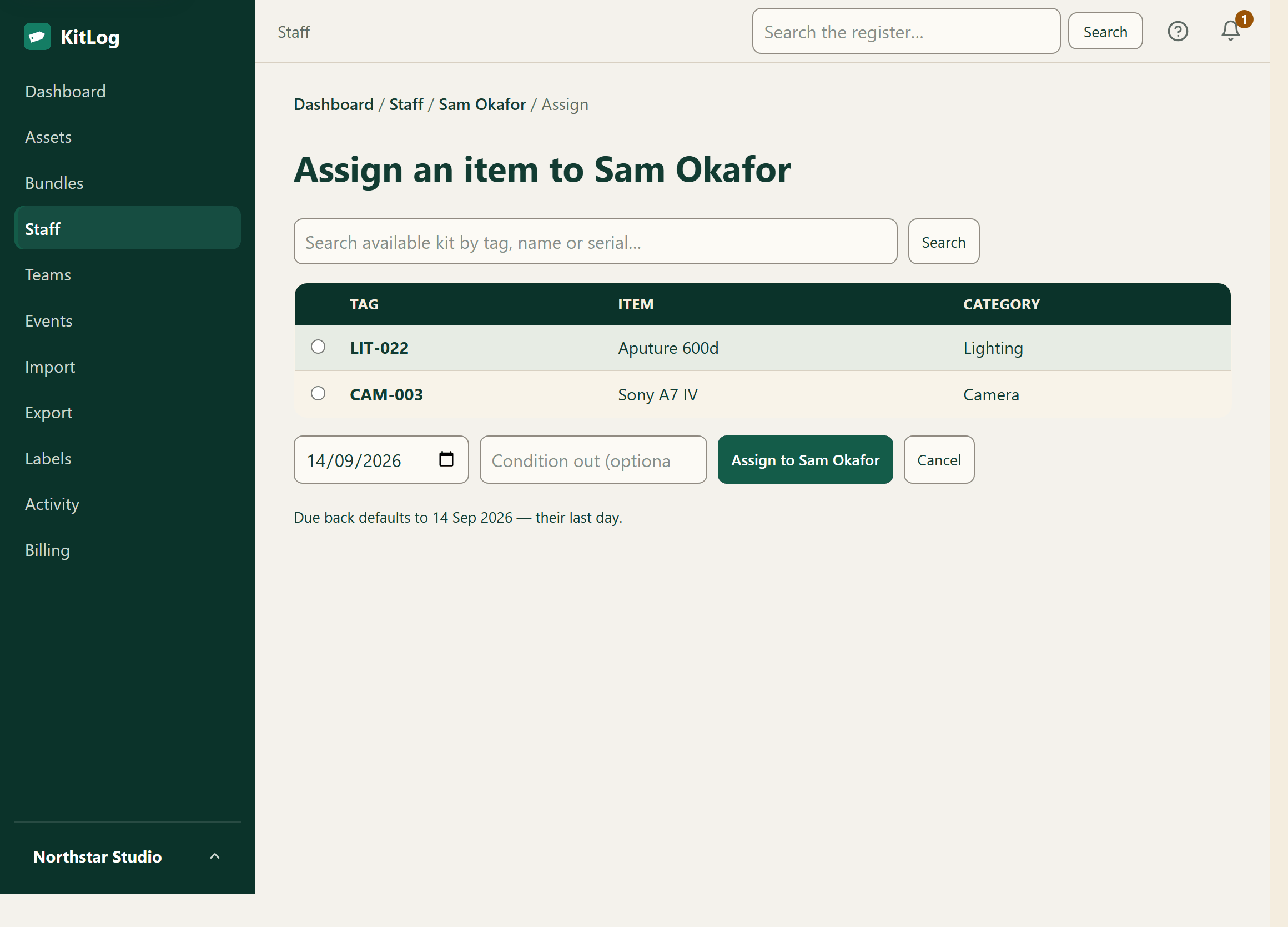 KitLog equipment checkout screen with a person and due-back date